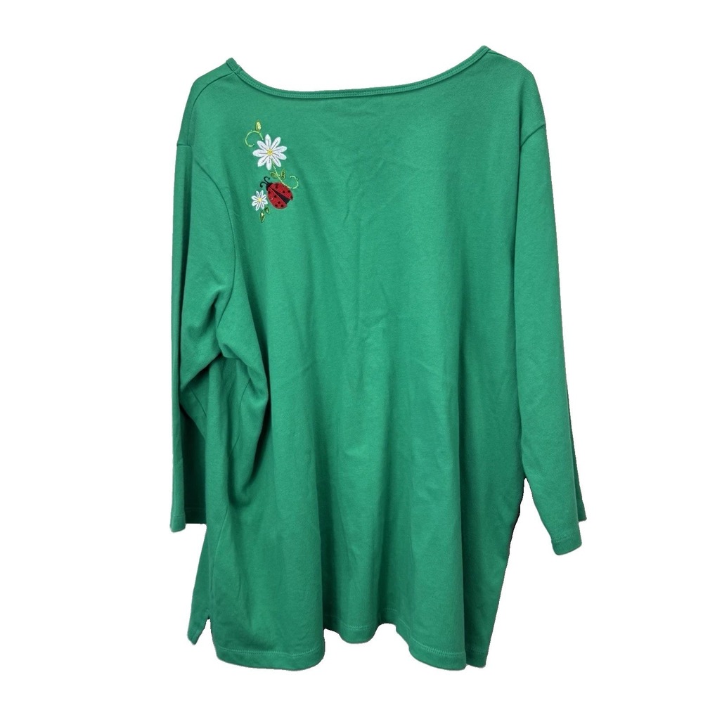 Quacker Factory Green Floral Embroidery Ladybug Dangle Knit Top Size 2X - Picture 8 of 12